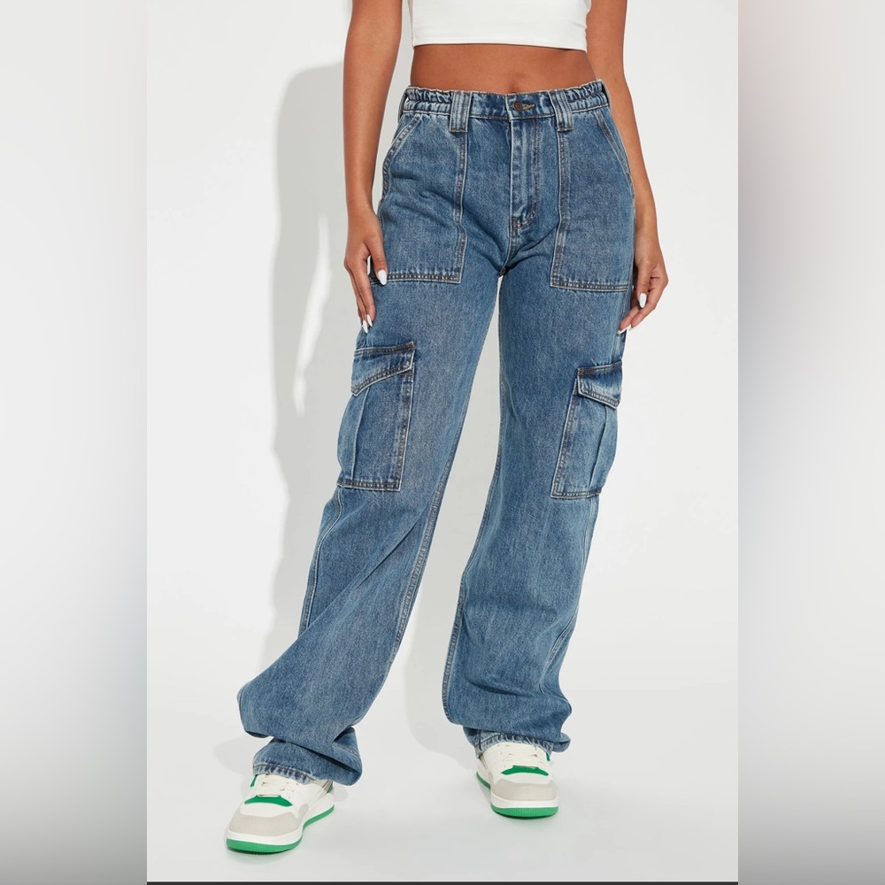 Tall Wide Leg Cargo Jeans - Medium Blue 11